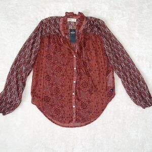 Hollister Sheer Long Sleeve Top Oversize XS High Neck Tie Terracotta Tan Casual